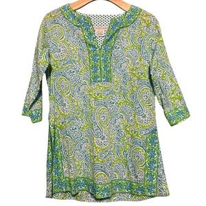 Gretchen Scott Designs Size XS Green Paisley Boho Split Hem Kaftan Cotton Blouse